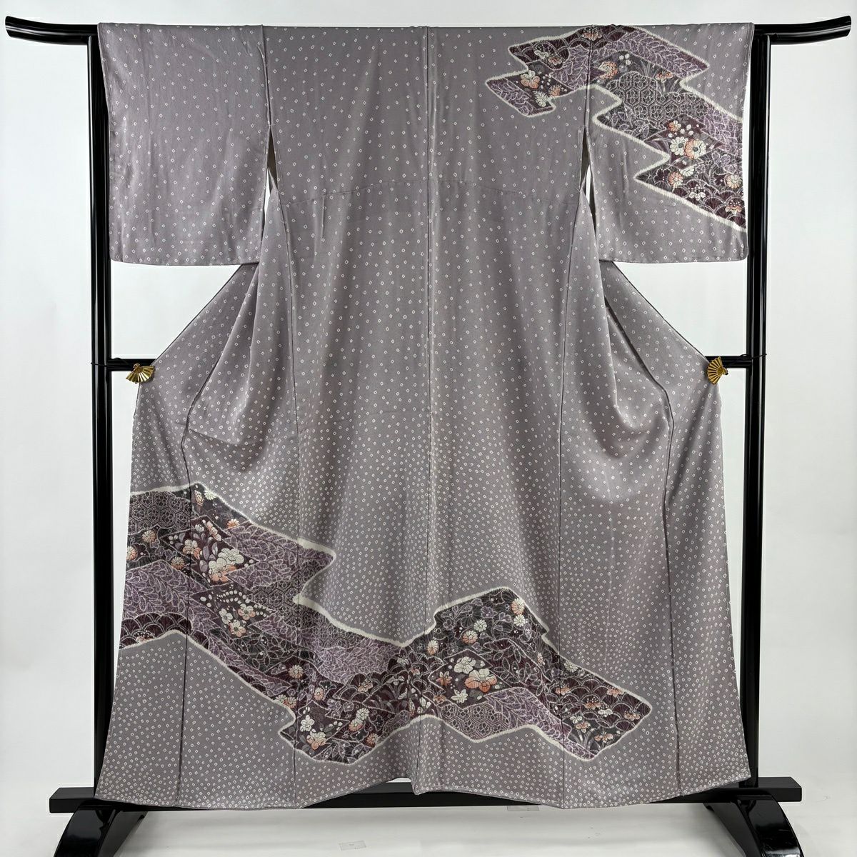 【美品】訪問服 身長158.5cm 袖長64cm M 雙層 辻花染 松樹川菱 染色 灰紫 純蠶絲 秀品級