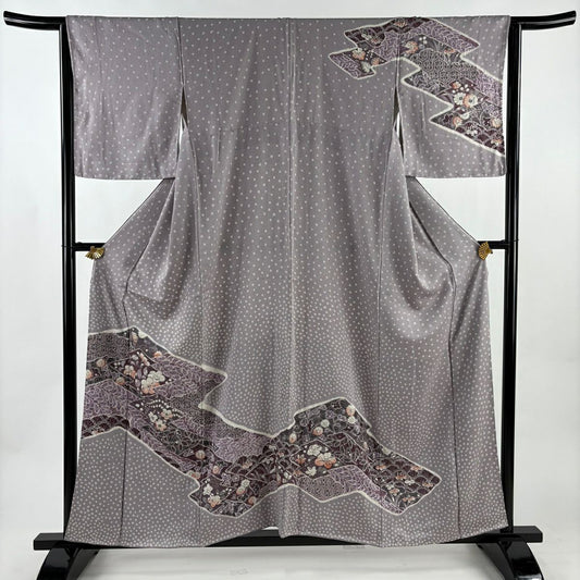 【美品】訪問服 身長158.5cm 袖長64cm M 雙層 辻花染 松樹川菱 染色 灰紫 純蠶絲 秀品級