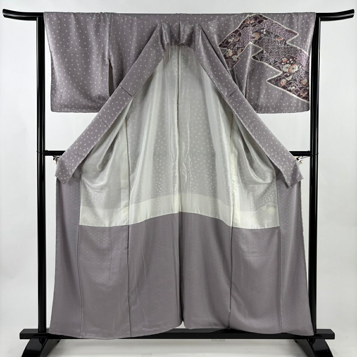 【美品】訪問服 身長158.5cm 袖長64cm M 雙層 辻花染 松樹川菱 染色 灰紫 純蠶絲 秀品級