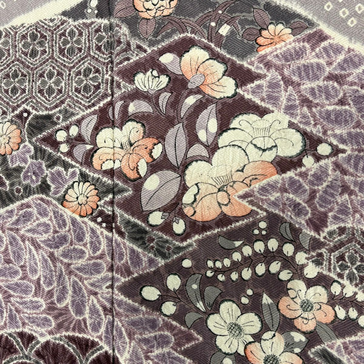 【美品】訪問服 身長158.5cm 袖長64cm M 雙層 辻花染 松樹川菱 染色 灰紫 純蠶絲 秀品級