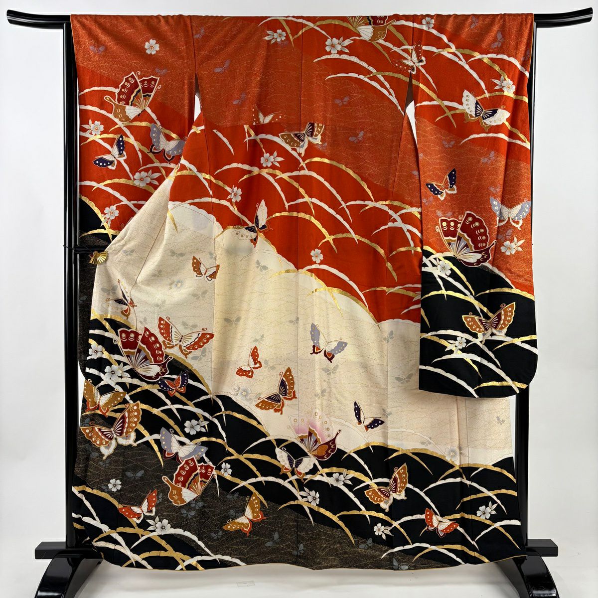 【美品】振袖禮服 身長162.5cm 袖長65cm M 雙層 蝶 雪芝 金銀彩 染分 黑 純蠶絲 秀品級