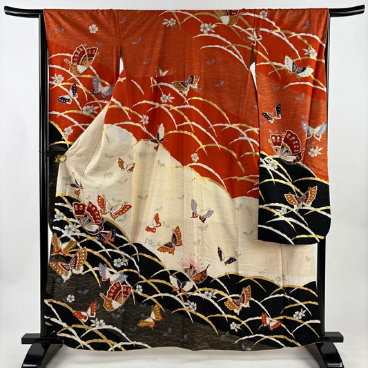 【美品】振袖禮服 身長162.5cm 袖長65cm M 雙層 蝶 雪芝 金銀彩 染分 黑 純蠶絲 秀品級