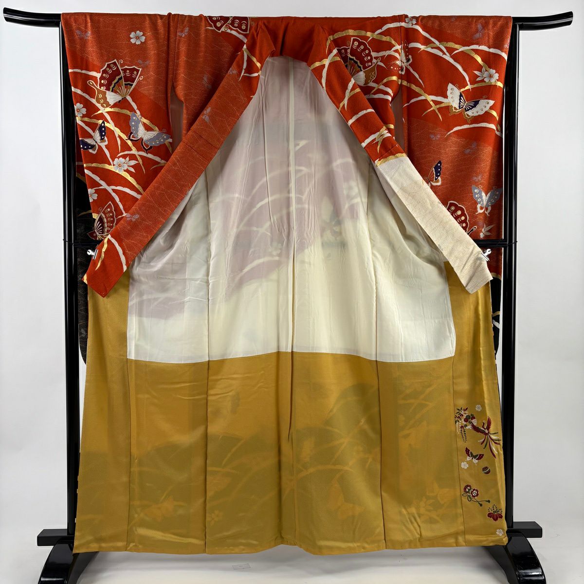 【美品】振袖禮服 身長162.5cm 袖長65cm M 雙層 蝶 雪芝 金銀彩 染分 黑 純蠶絲 秀品級