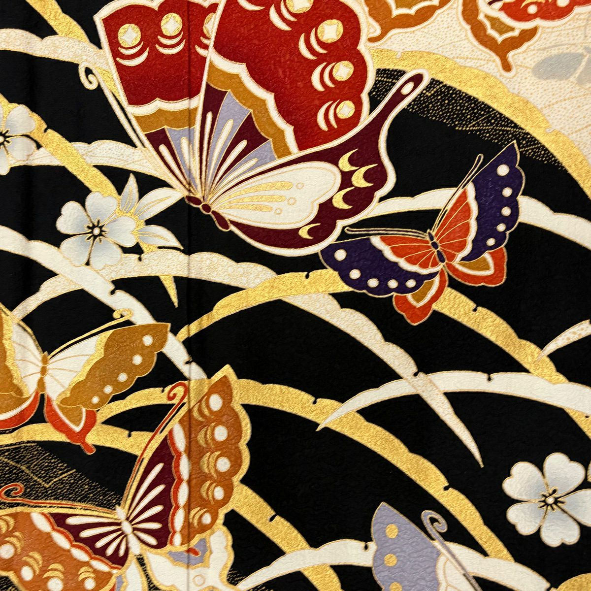【美品】振袖禮服 身長162.5cm 袖長65cm M 雙層 蝶 雪芝 金銀彩 染分 黑 純蠶絲 秀品級