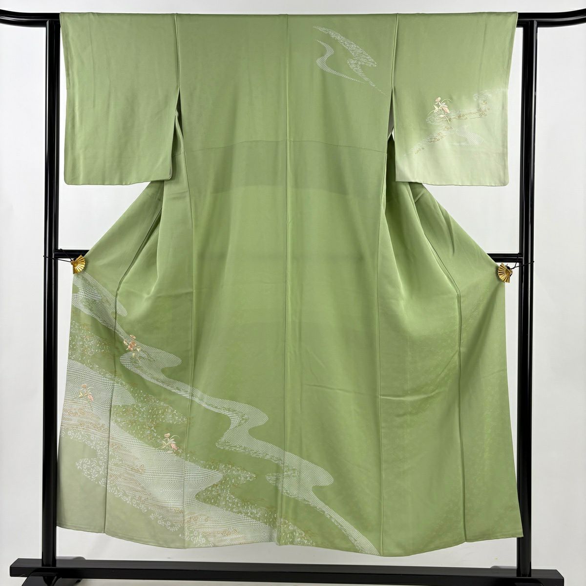 訪問服 身長151cm 袖長62cm S 雙層 草花紋紋 流水刺繡 金彩裝飾 抹茶 純蠶絲 秀品級