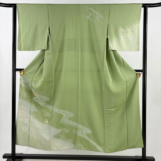 訪問服 身長151cm 袖長62cm S 雙層 草花紋紋 流水刺繡 金彩裝飾 抹茶 純蠶絲 秀品級
