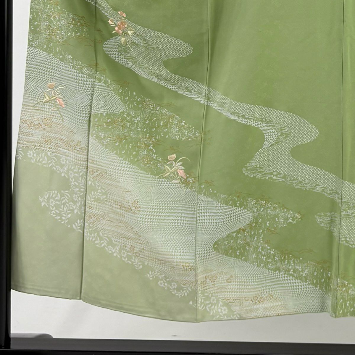 訪問服 身長151cm 袖長62cm S 雙層 草花紋紋 流水刺繡 金彩裝飾 抹茶 純蠶絲 秀品級
