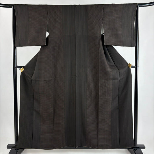 小紋 身長159.5cm 袖長64cm M 雙層 縞 焦茶 純蠶絲 秀品級