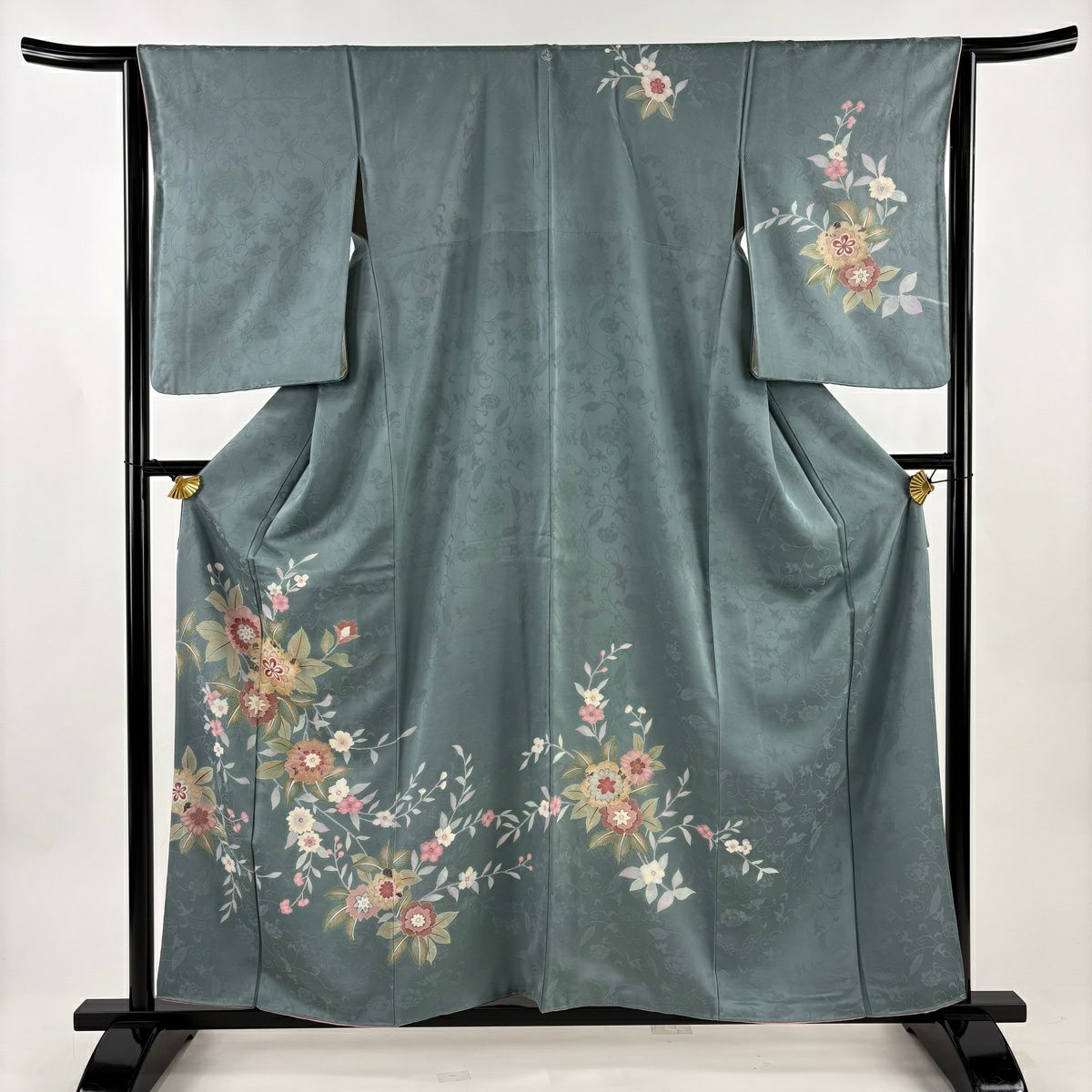 訪問服 身長158.5cm 袖長65cm M 雙層 草花紋紋 地紋 金彩裝飾 灰綠 純蠶絲 秀品級 一つ紋