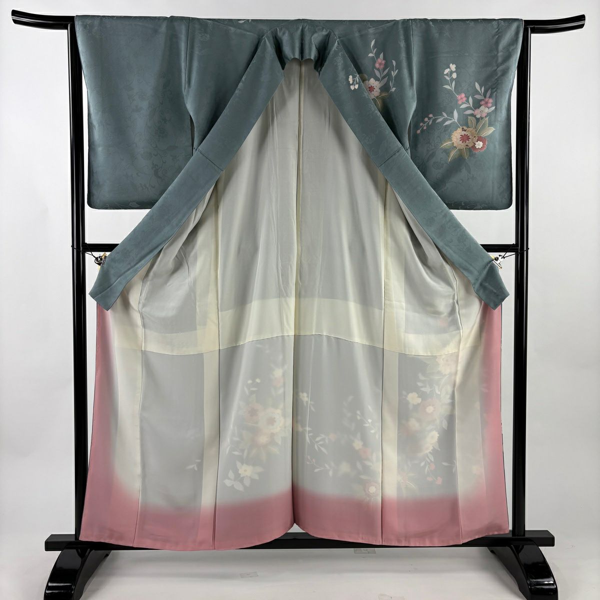訪問服 身長158.5cm 袖長65cm M 雙層 草花紋紋 地紋 金彩裝飾 灰綠 純蠶絲 秀品級 一つ紋
