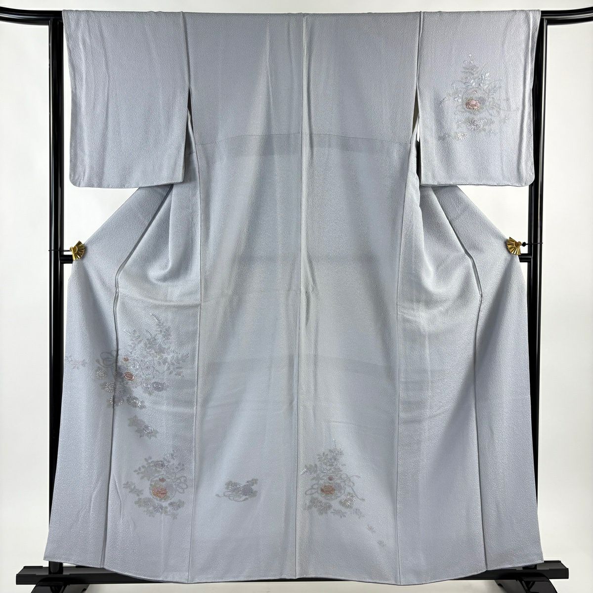 付下 身長158.5cm 袖長65cm M 雙層 雪輪 草花紋刺繡 金絲 青灰色 純蠶絲 秀品級