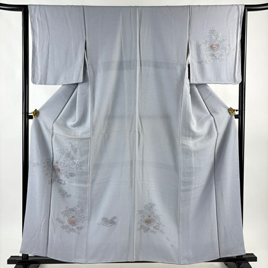 付下 身長158.5cm 袖長65cm M 雙層 雪輪 草花紋刺繡 金絲 青灰色 純蠶絲 秀品級