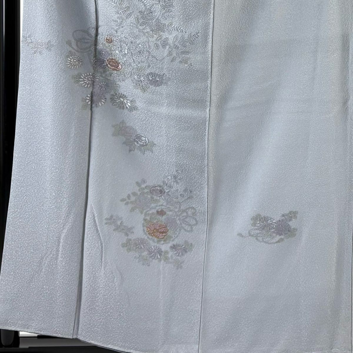 付下 身長158.5cm 袖長65cm M 雙層 雪輪 草花紋刺繡 金絲 青灰色 純蠶絲 秀品級
