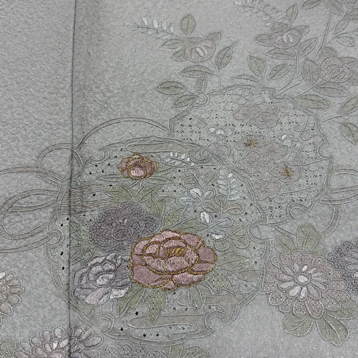 付下 身長158.5cm 袖長65cm M 雙層 雪輪 草花紋刺繡 金絲 青灰色 純蠶絲 秀品級
