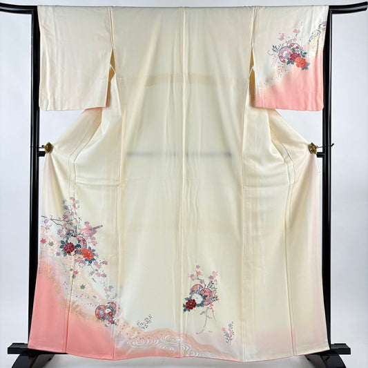 訪問服 身長162cm 袖長65.5cm M 雙層 和樂器 牡丹 金銀彩 漸層 奶油色 純蠶絲 優品級