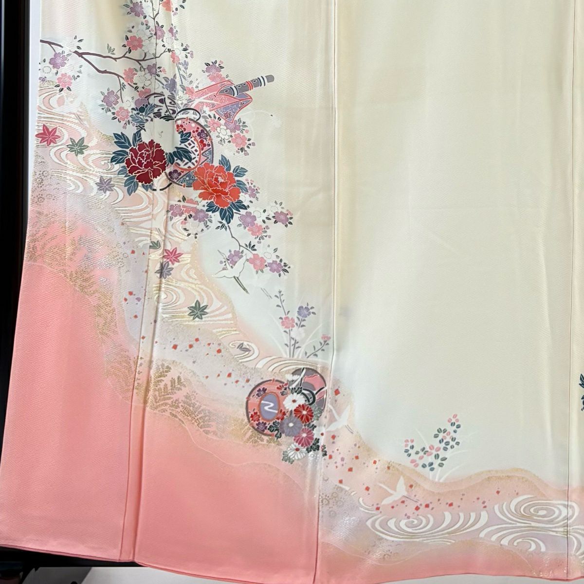 訪問服 身長162cm 袖長65.5cm M 雙層 和樂器 牡丹 金銀彩 漸層 奶油色 純蠶絲 優品級