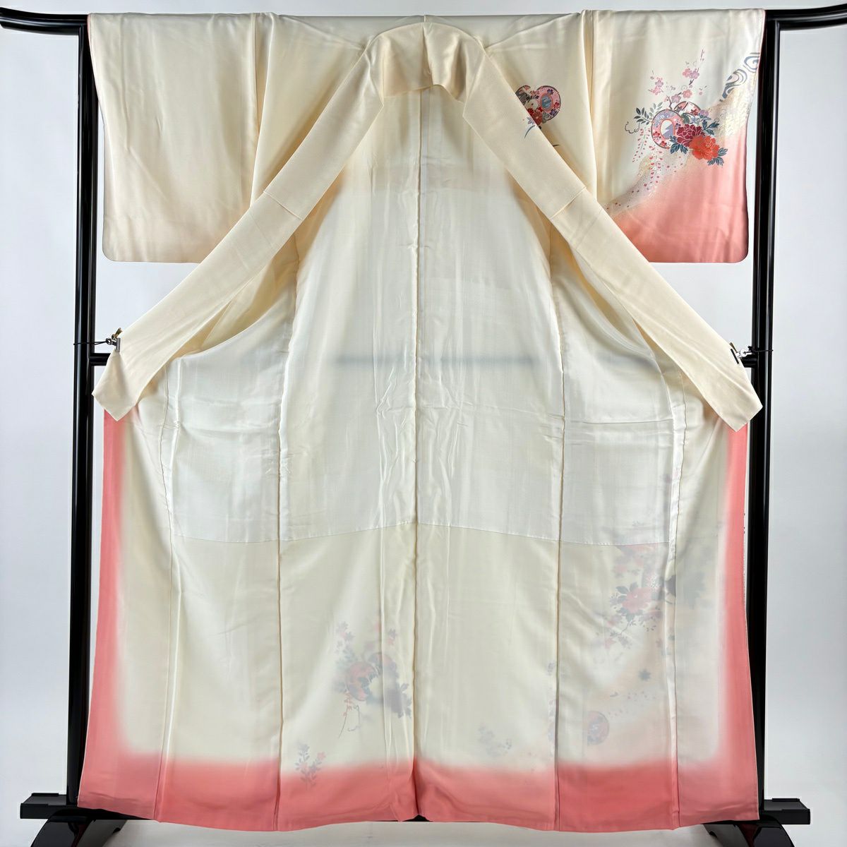訪問服 身長162cm 袖長65.5cm M 雙層 和樂器 牡丹 金銀彩 漸層 奶油色 純蠶絲 優品級