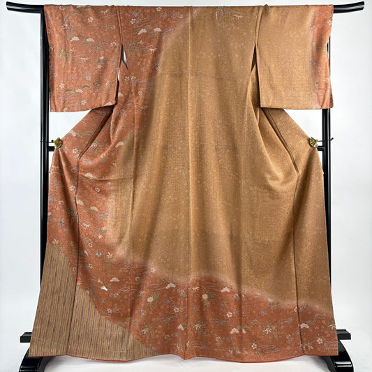 【美品】訪問服 身長168.5cm 袖長68cm L 雙層 藤 櫻花刺繡 金線 紅茶 純蠶絲 秀品級