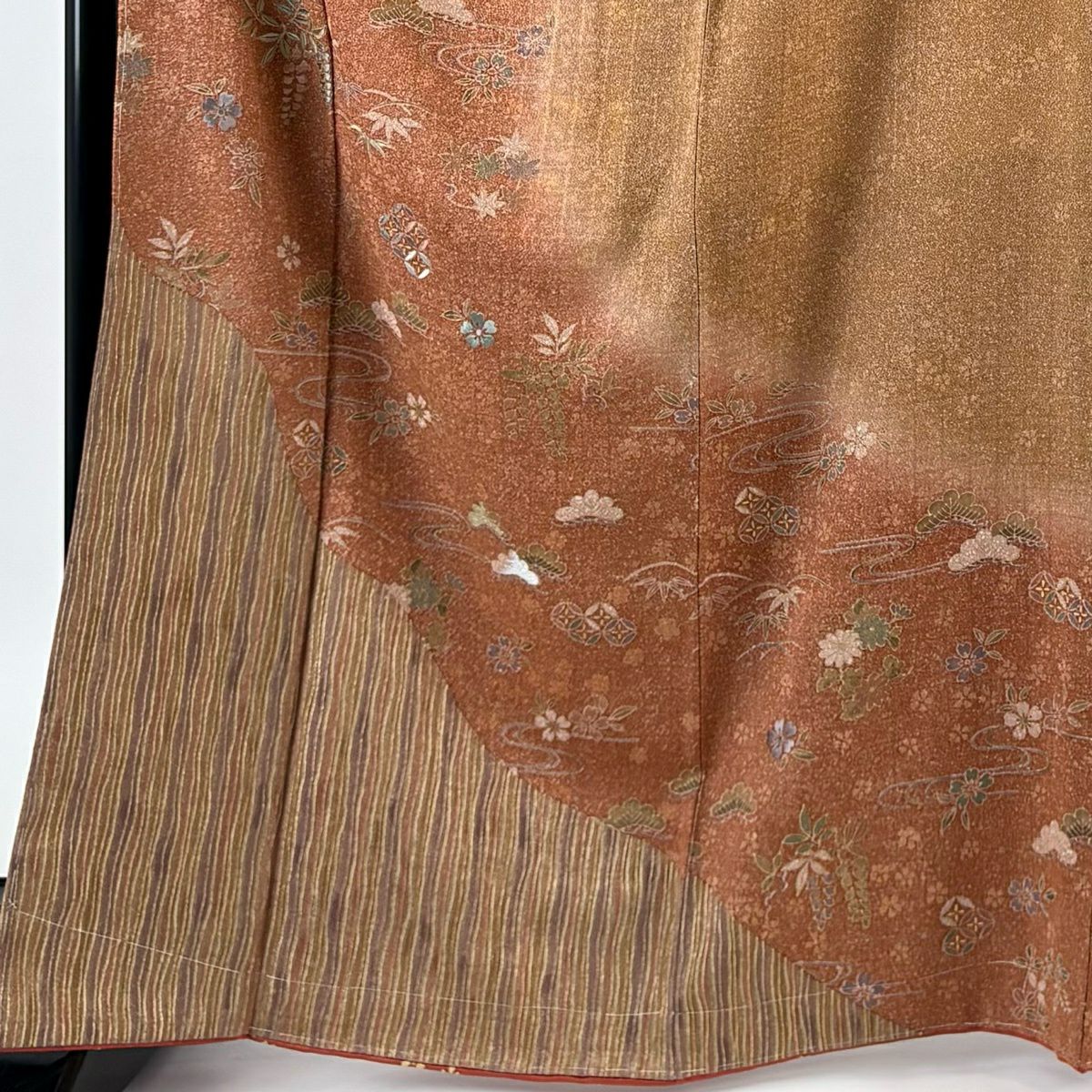 【美品】訪問服 身長168.5cm 袖長68cm L 雙層 藤 櫻花刺繡 金線 紅茶 純蠶絲 秀品級