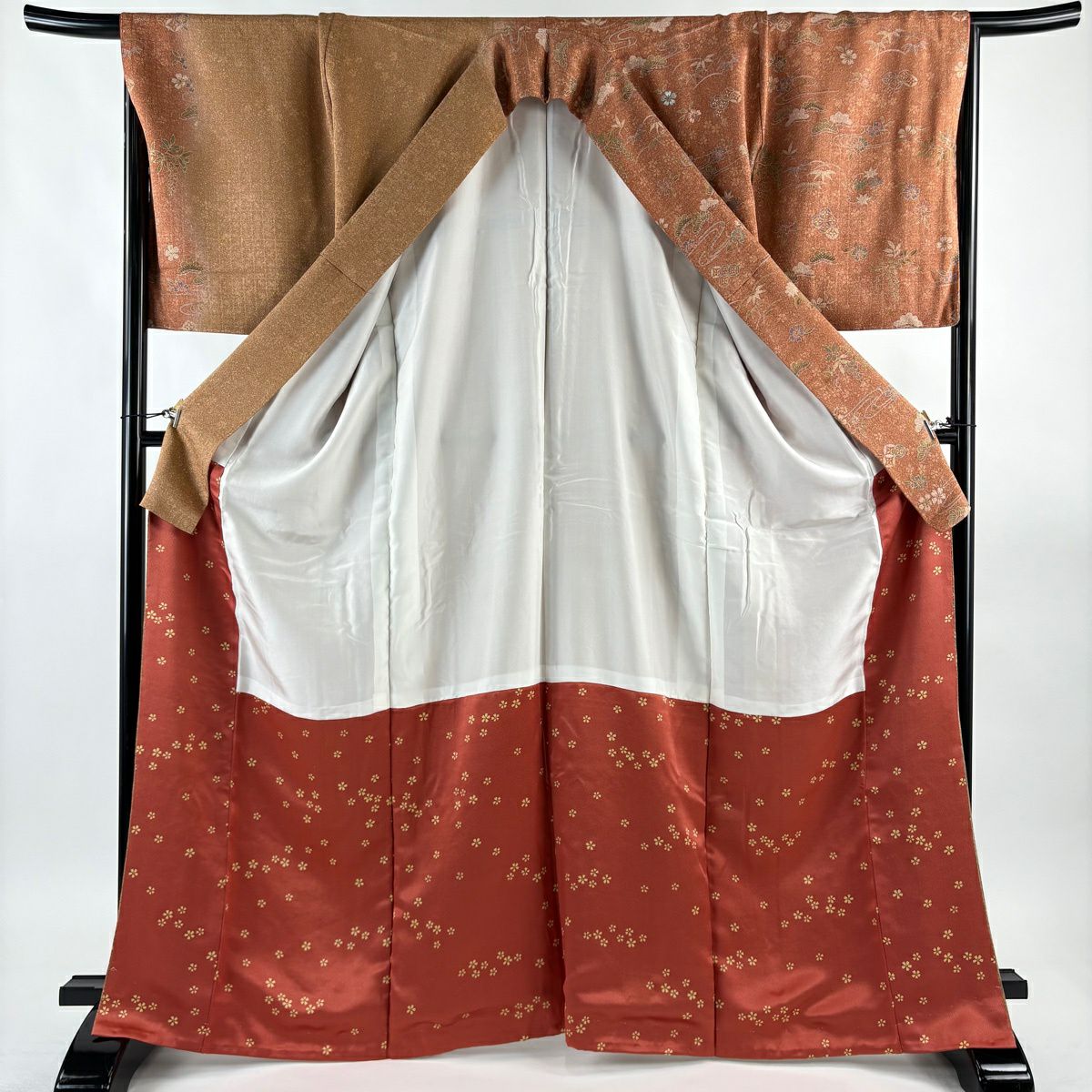 【美品】訪問服 身長168.5cm 袖長68cm L 雙層 藤 櫻花刺繡 金線 紅茶 純蠶絲 秀品級