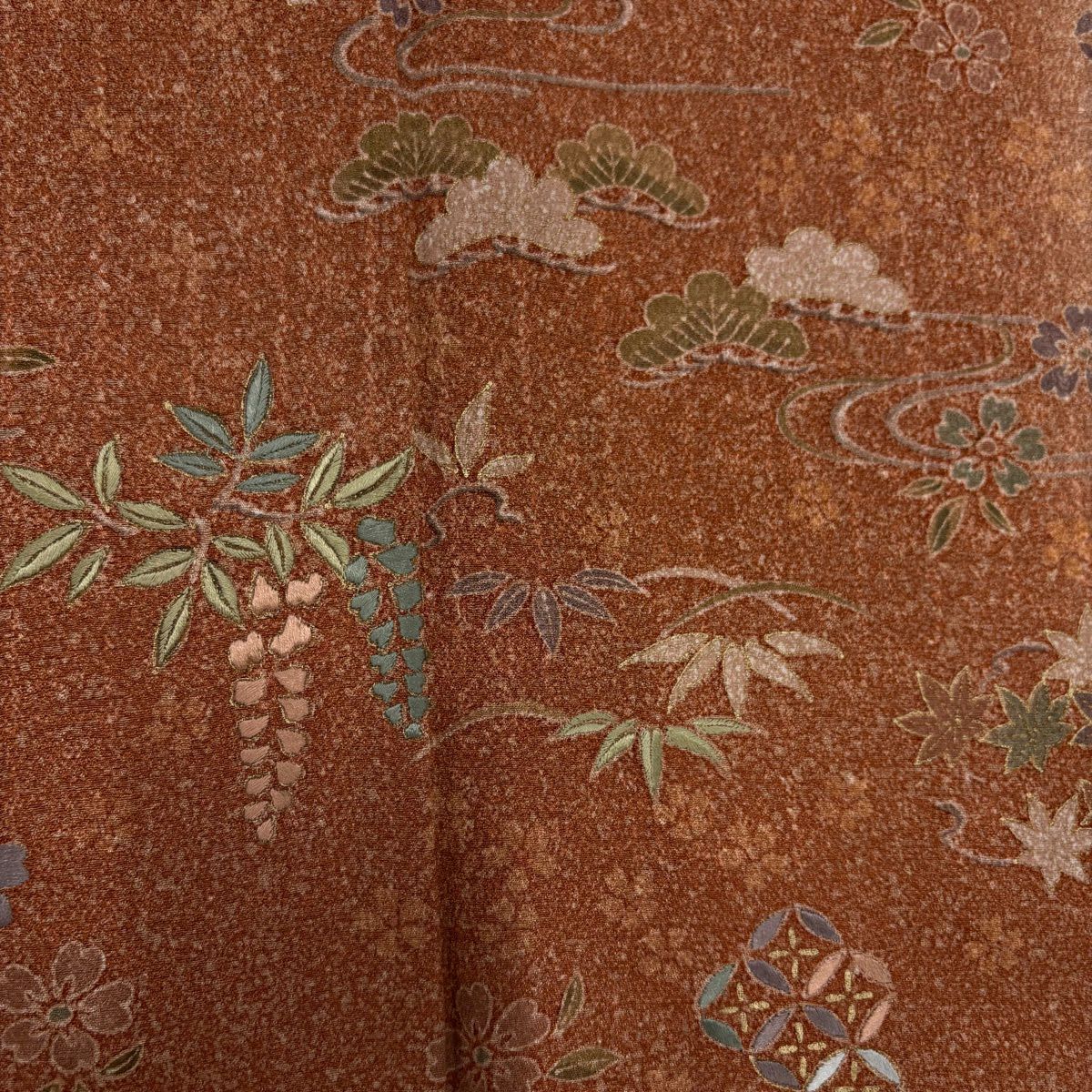 【美品】訪問服 身長168.5cm 袖長68cm L 雙層 藤 櫻花刺繡 金線 紅茶 純蠶絲 秀品級