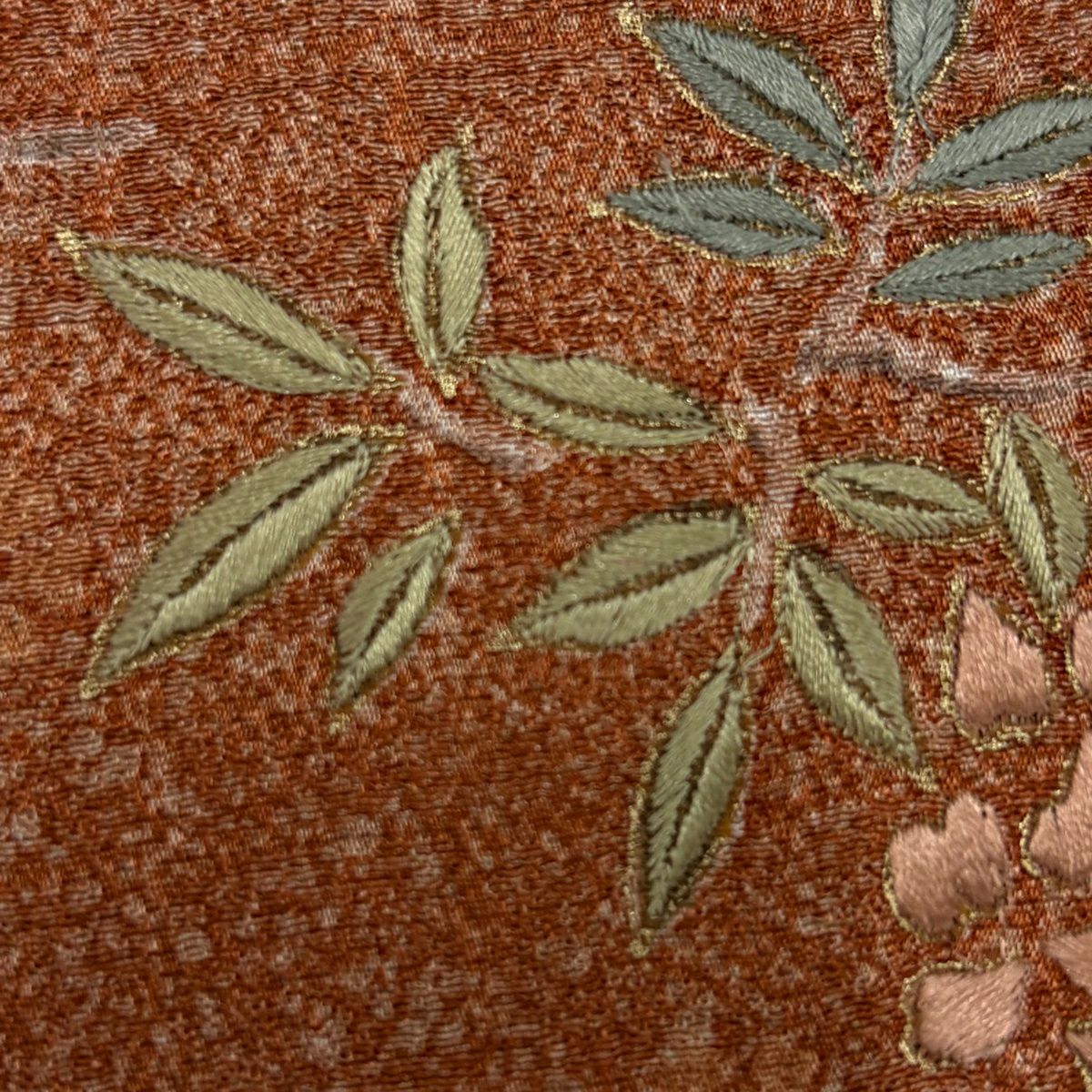 【美品】訪問服 身長168.5cm 袖長68cm L 雙層 藤 櫻花刺繡 金線 紅茶 純蠶絲 秀品級
