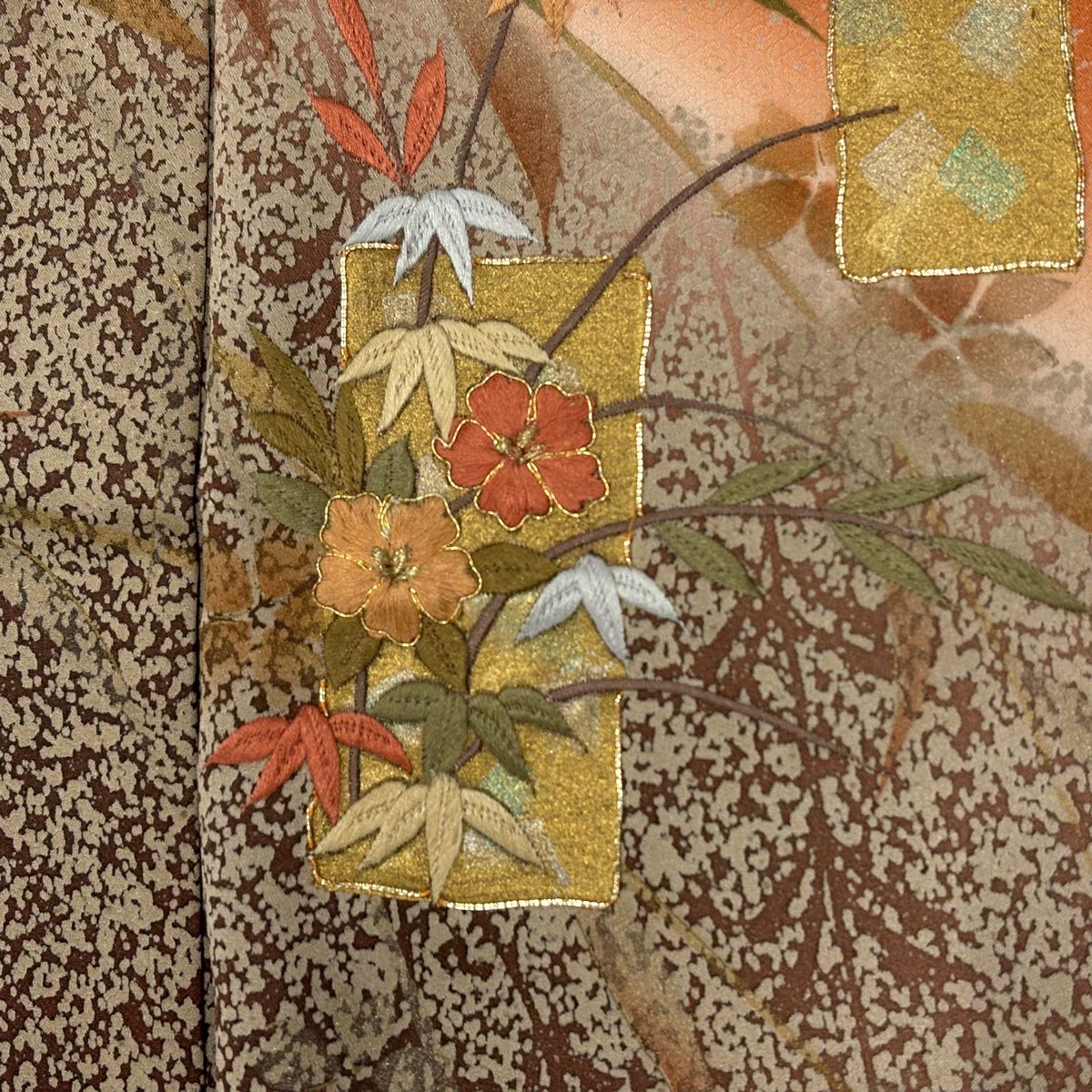 【美品】 付下 身長163cm 袖長65cm M 雙層 短冊 柳刺繡 金銀彩 橙色 純蠶絲 秀品級