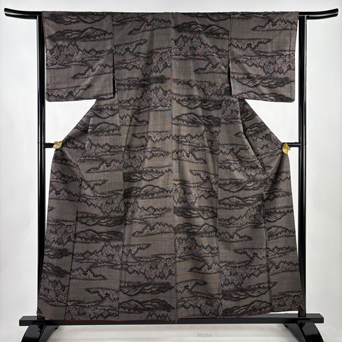 【美品】 紬織 身長158cm 袖長64cm M 雙層 山並 樹木 焦茶 純蠶絲 秀品級