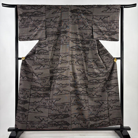 【美品】 紬織 身長158cm 袖長64cm M 雙層 山並 樹木 焦茶 純蠶絲 秀品級