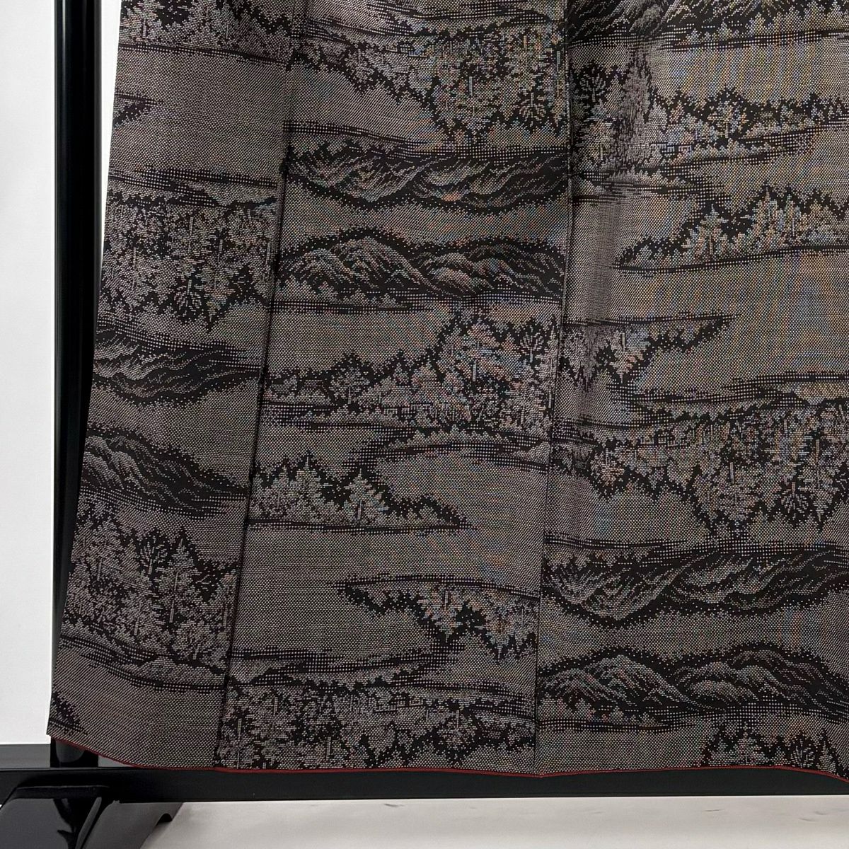 【美品】 紬織 身長158cm 袖長64cm M 雙層 山並 樹木 焦茶 純蠶絲 秀品級