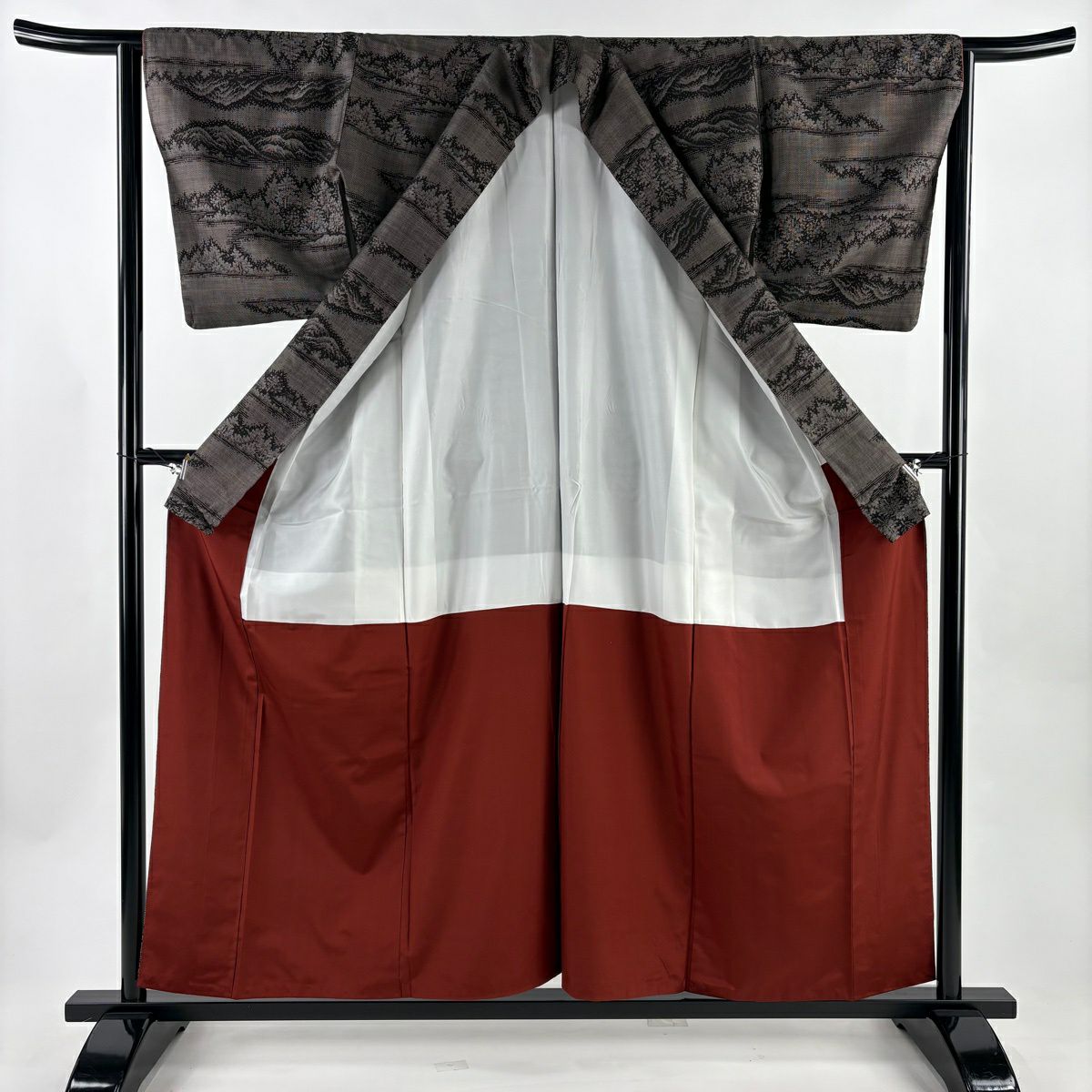 【美品】 紬織 身長158cm 袖長64cm M 雙層 山並 樹木 焦茶 純蠶絲 秀品級