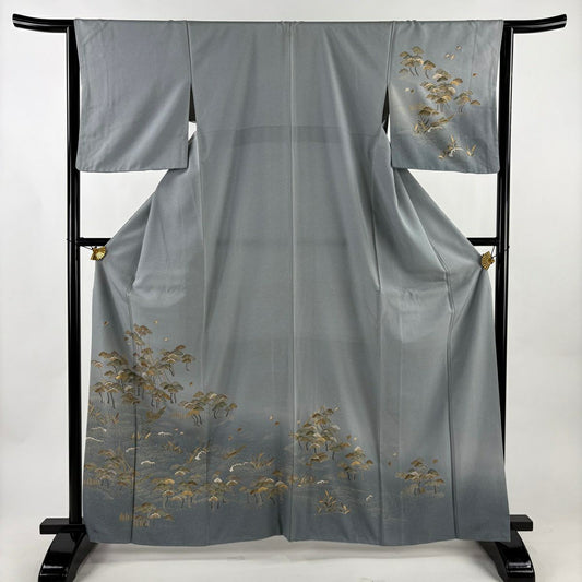 訪問服 身長163.5cm 袖長64cm M 雙層 松樹 波頭 金銀彩 漸層 青灰 純蠶絲 秀品級 一つ紋