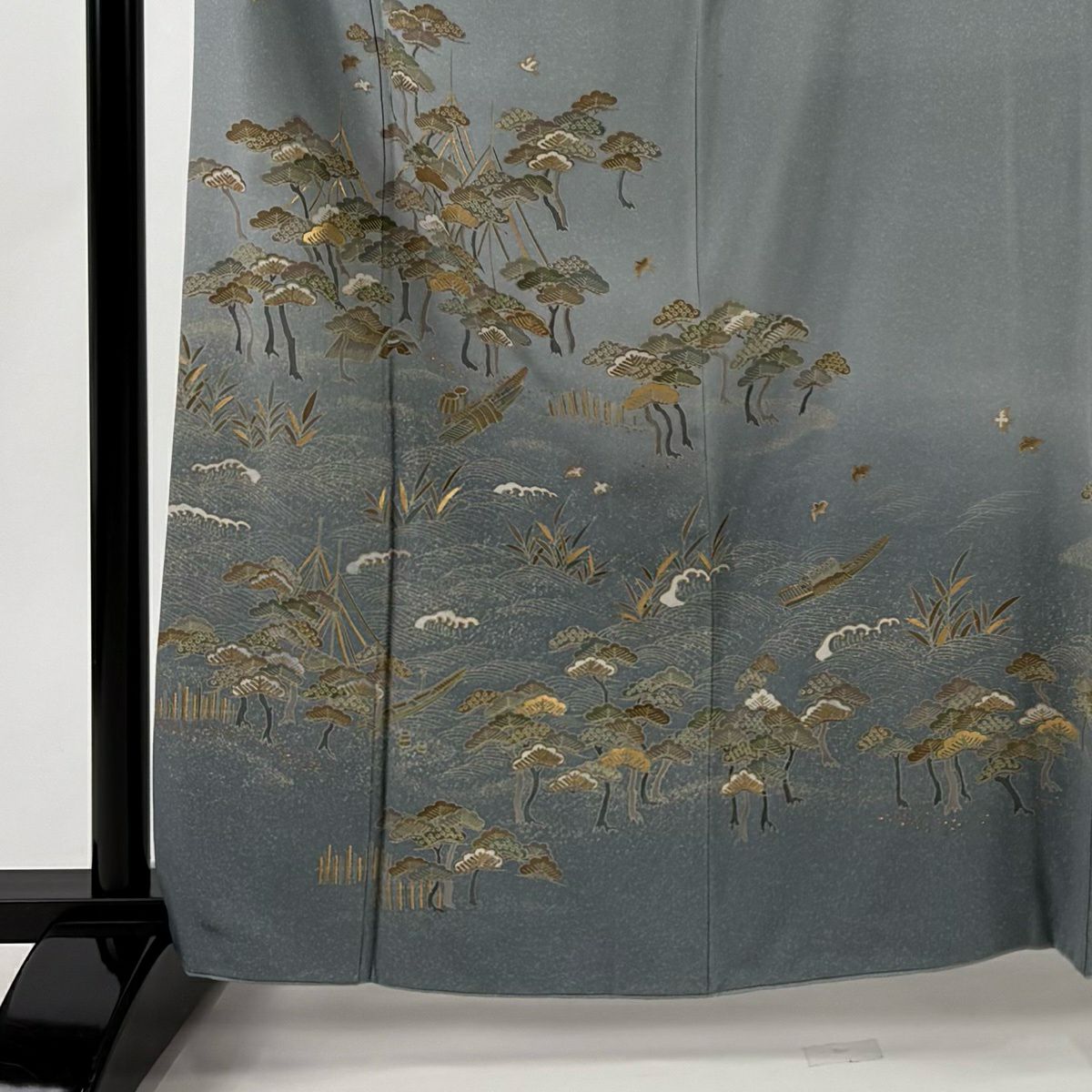 訪問服 身長163.5cm 袖長64cm M 雙層 松樹 波頭 金銀彩 漸層 青灰 純蠶絲 秀品級 一つ紋