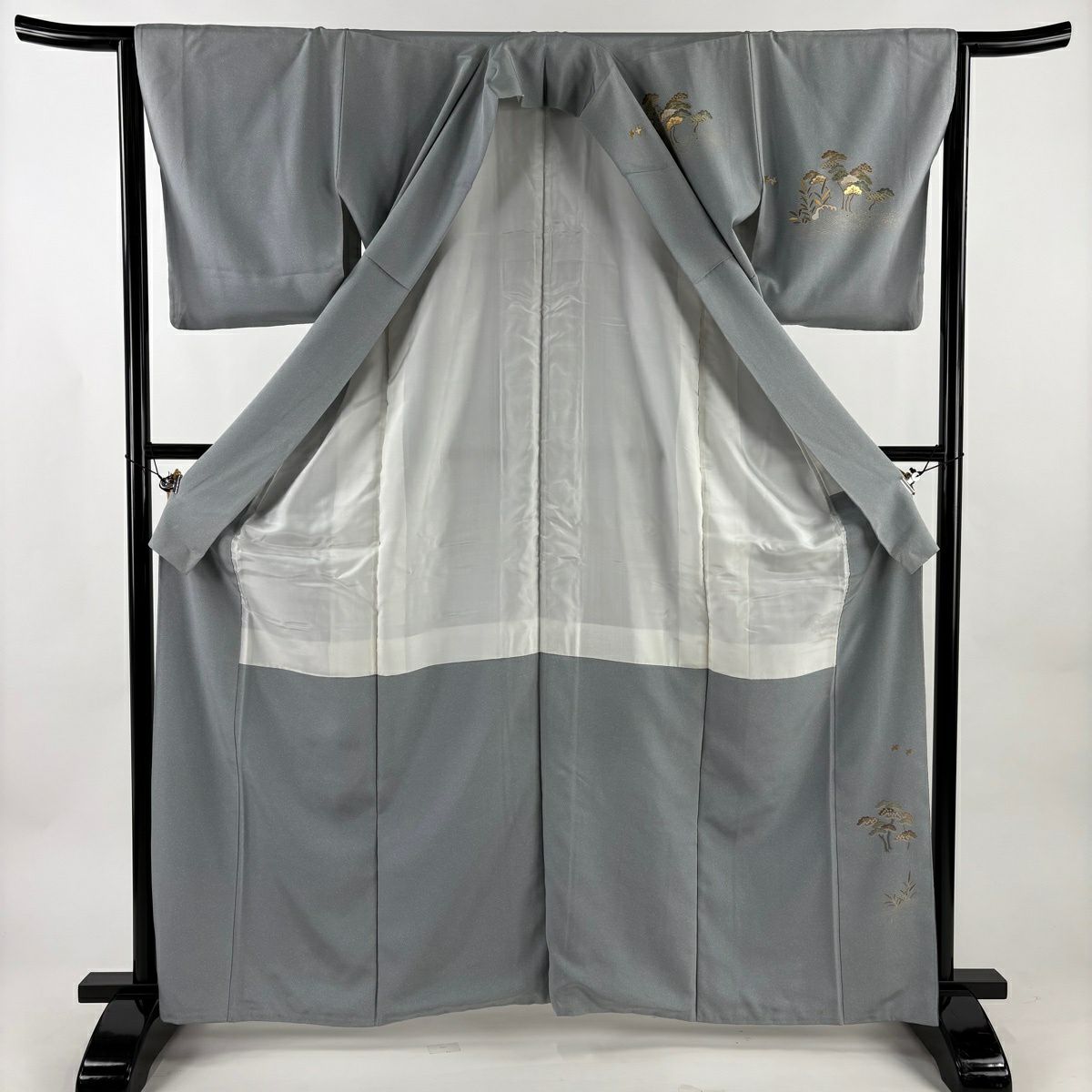 訪問服 身長163.5cm 袖長64cm M 雙層 松樹 波頭 金銀彩 漸層 青灰 純蠶絲 秀品級 一つ紋
