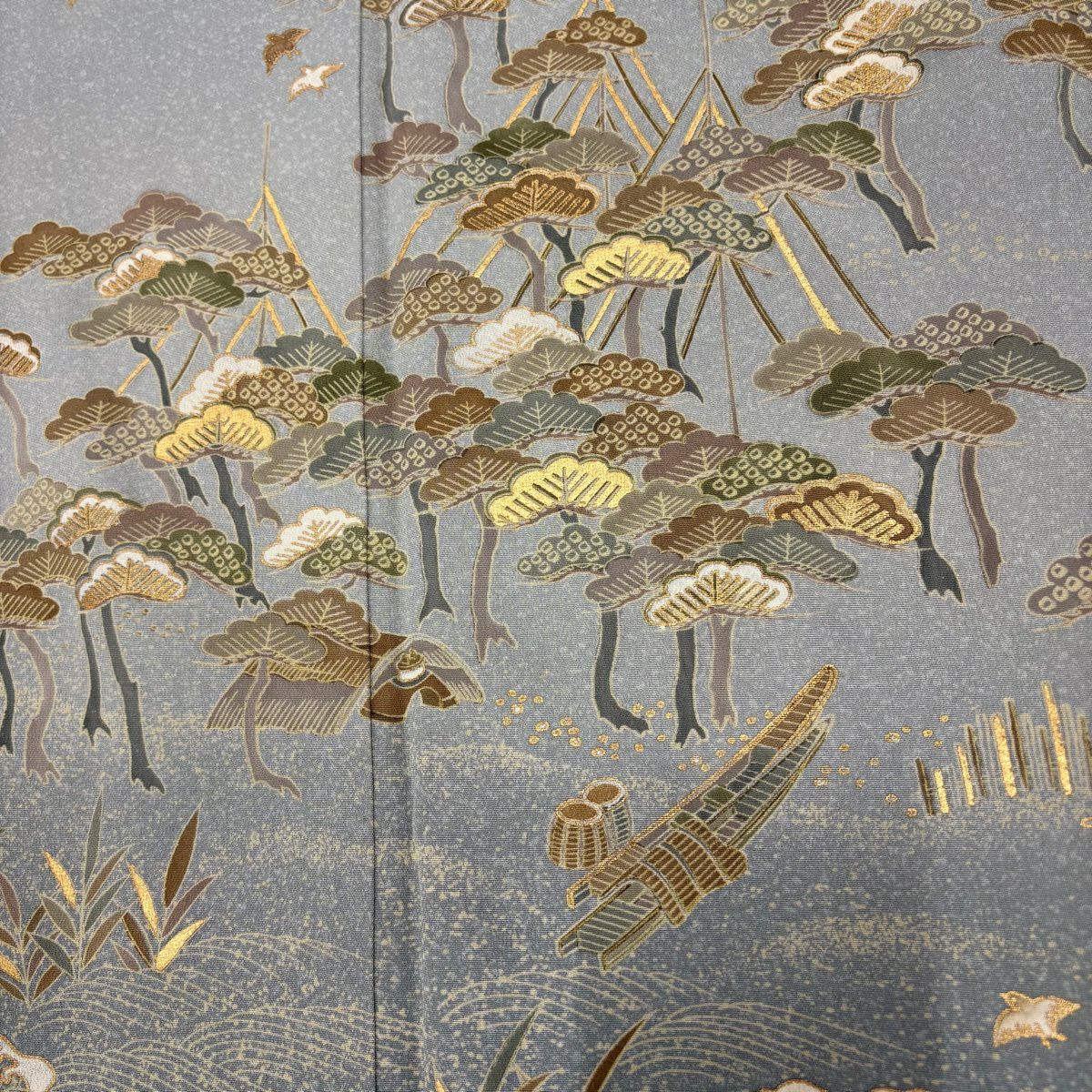訪問服 身長163.5cm 袖長64cm M 雙層 松樹 波頭 金銀彩 漸層 青灰 純蠶絲 秀品級 一つ紋