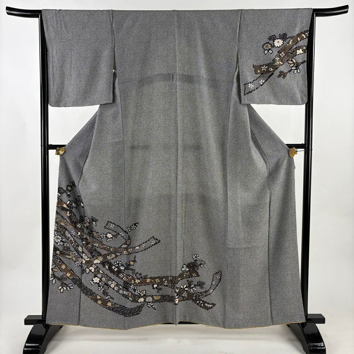 【美品】 付下 身長161cm 袖長66cm M 雙層 枝梅花 熨斗紋 金銀彩 黑灰 純蠶絲 秀品級