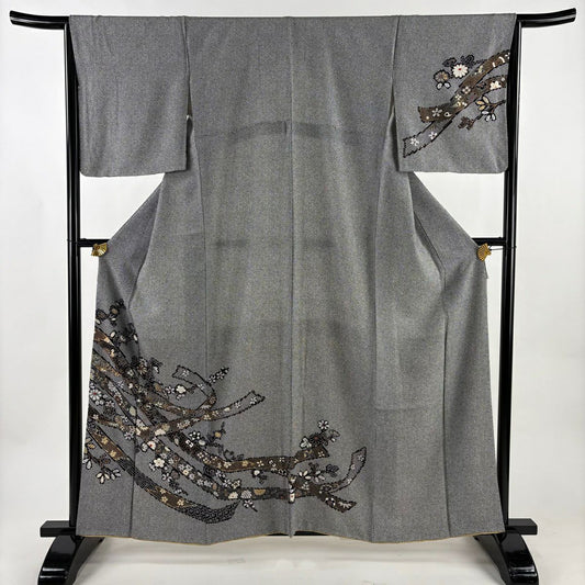 【美品】 付下 身長161cm 袖長66cm M 雙層 枝梅花 熨斗紋 金銀彩 黑灰 純蠶絲 秀品級