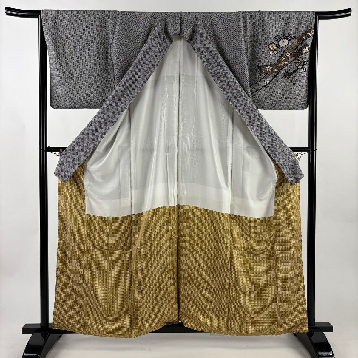 【美品】 付下 身長161cm 袖長66cm M 雙層 枝梅花 熨斗紋 金銀彩 黑灰 純蠶絲 秀品級