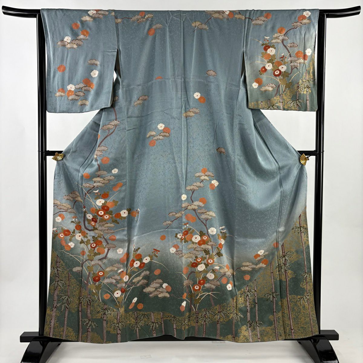 訪問服 身長158.5cm 袖長64cm M 雙層 松樹竹子梅花 菊花 金銀彩 漸層 青灰 純蠶絲 優品級
