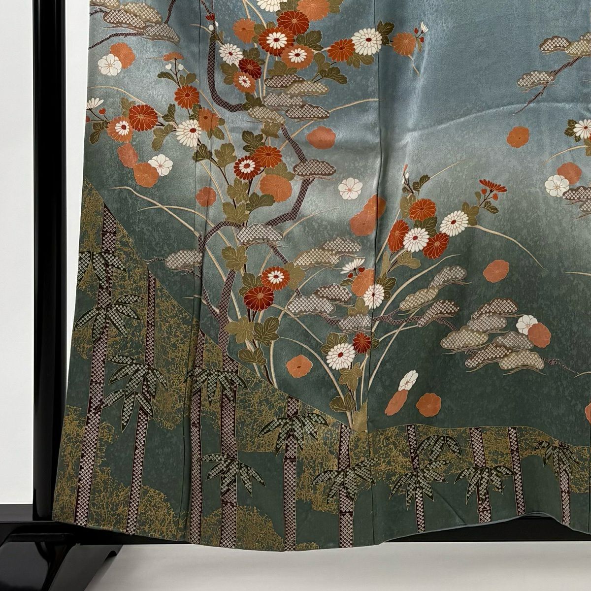 訪問服 身長158.5cm 袖長64cm M 雙層 松樹竹子梅花 菊花 金銀彩 漸層 青灰 純蠶絲 優品級