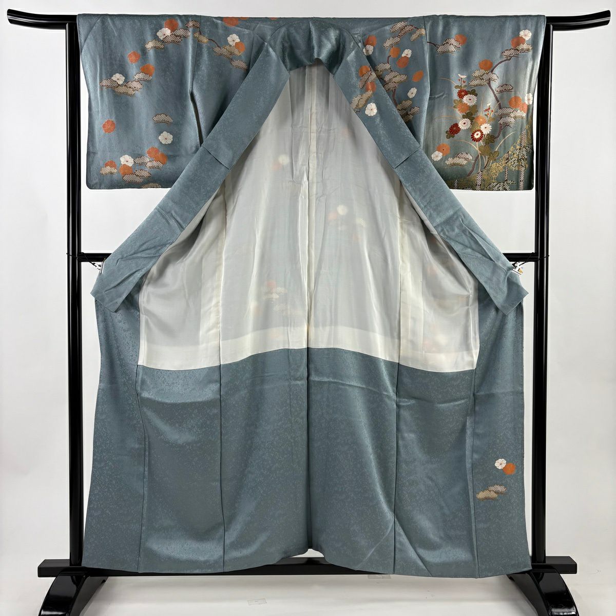 訪問服 身長158.5cm 袖長64cm M 雙層 松樹竹子梅花 菊花 金銀彩 漸層 青灰 純蠶絲 優品級