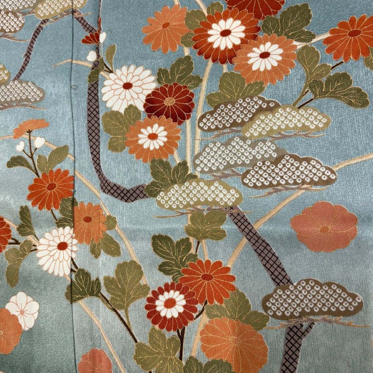 訪問服 身長158.5cm 袖長64cm M 雙層 松樹竹子梅花 菊花 金銀彩 漸層 青灰 純蠶絲 優品級