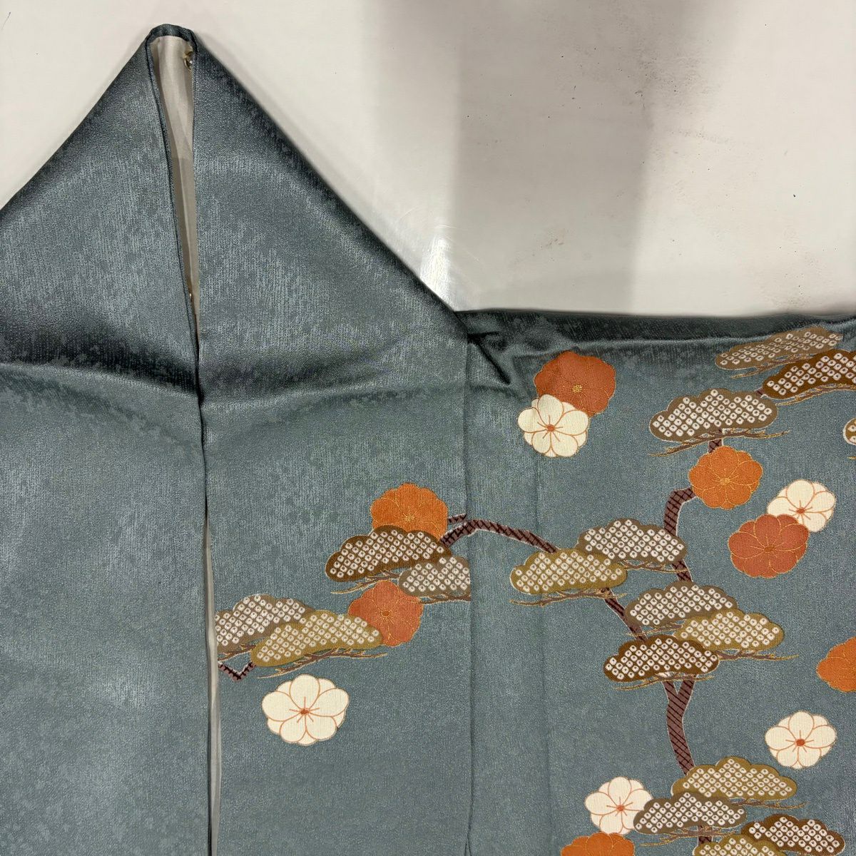 訪問服 身長158.5cm 袖長64cm M 雙層 松樹竹子梅花 菊花 金銀彩 漸層 青灰 純蠶絲 優品級