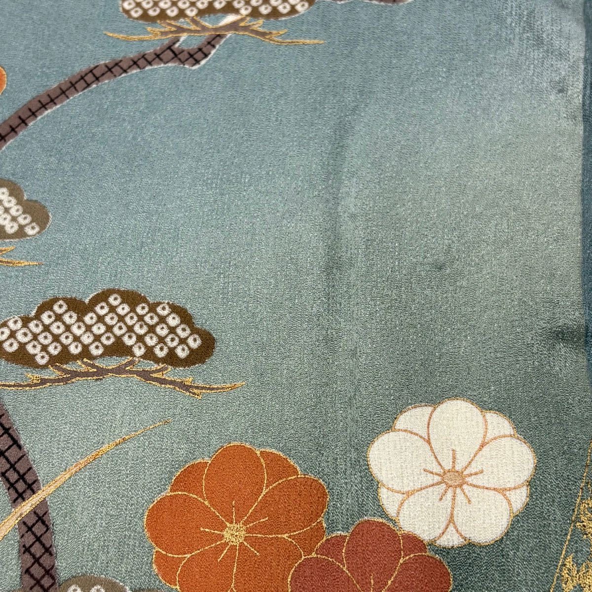 訪問服 身長158.5cm 袖長64cm M 雙層 松樹竹子梅花 菊花 金銀彩 漸層 青灰 純蠶絲 優品級