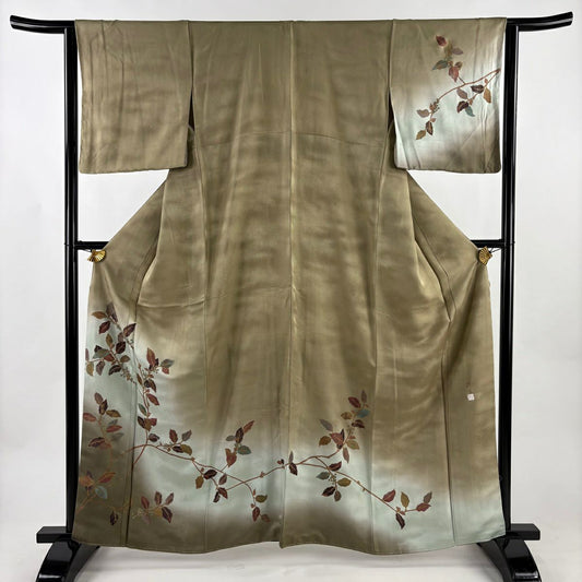 【美品】訪問服 身長163cm 袖長63.5cm S 雙層 落款あり 葉與實 逐漸染 薄茶 純蠶絲 秀品級