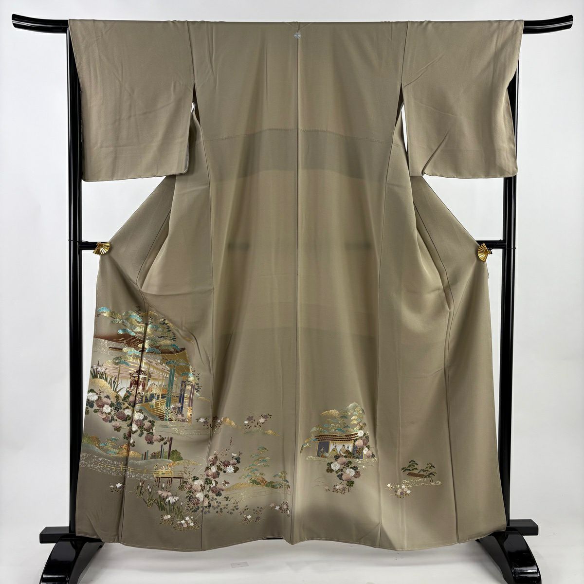 【美品】 留袖禮服禮服 身長161.5cm 袖長67cm M 雙層 建物 草花紋紋 金銀彩 漸層 灰茶 純蠶絲 秀品級 一つ紋