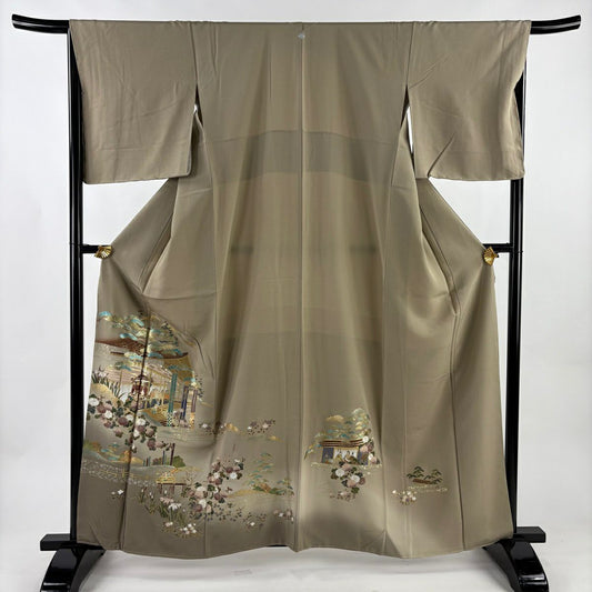 【美品】 留袖禮服禮服 身長161.5cm 袖長67cm M 雙層 建物 草花紋紋 金銀彩 漸層 灰茶 純蠶絲 秀品級 一つ紋