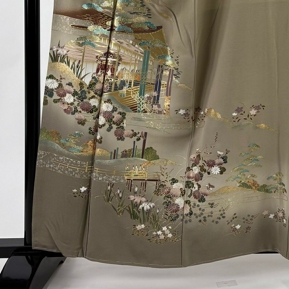 【美品】 留袖禮服禮服 身長161.5cm 袖長67cm M 雙層 建物 草花紋紋 金銀彩 漸層 灰茶 純蠶絲 秀品級 一つ紋
