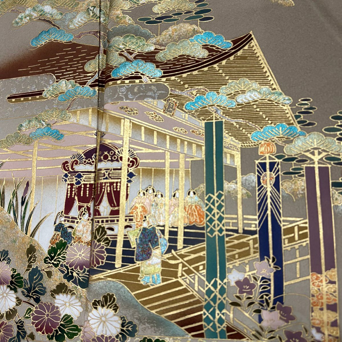 【美品】 留袖禮服禮服 身長161.5cm 袖長67cm M 雙層 建物 草花紋紋 金銀彩 漸層 灰茶 純蠶絲 秀品級 一つ紋