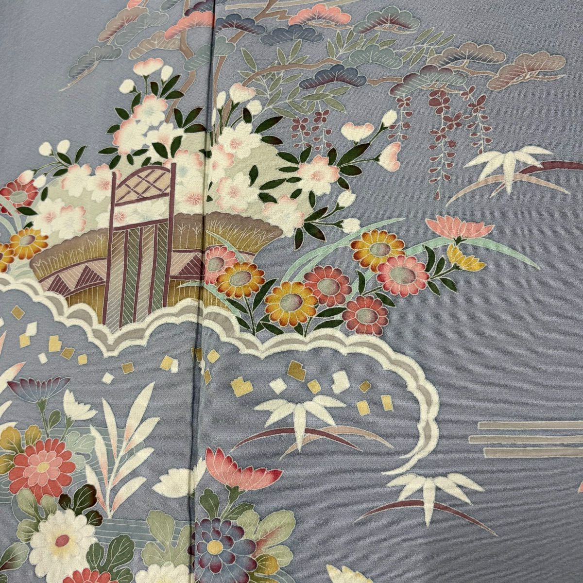 訪問服 身長171cm 袖長63.5cm S 雙層 落款あり 松樹竹子梅花 流水 青灰 純蠶絲 秀品級